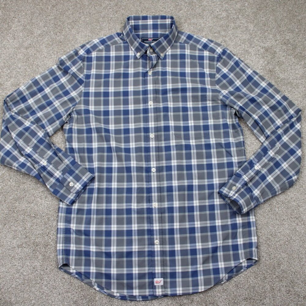 Vineyard Vines Performance Shirt Mens Medium Blue/Gray‎ Classic Fit Murray L/S